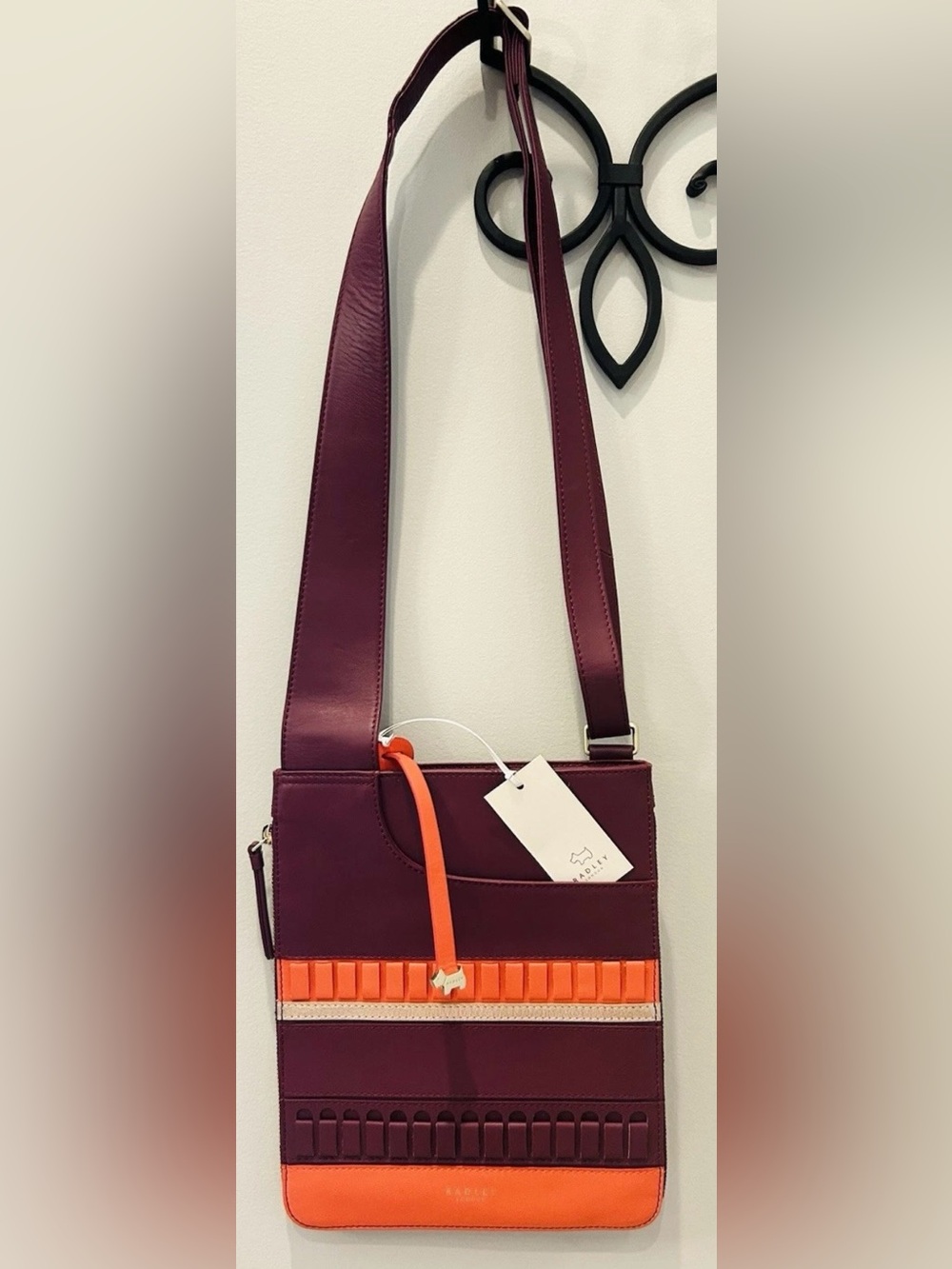 NWT RADLEY London Leather Crossbody Bag Pockets Craft Stripe Port w/Charm